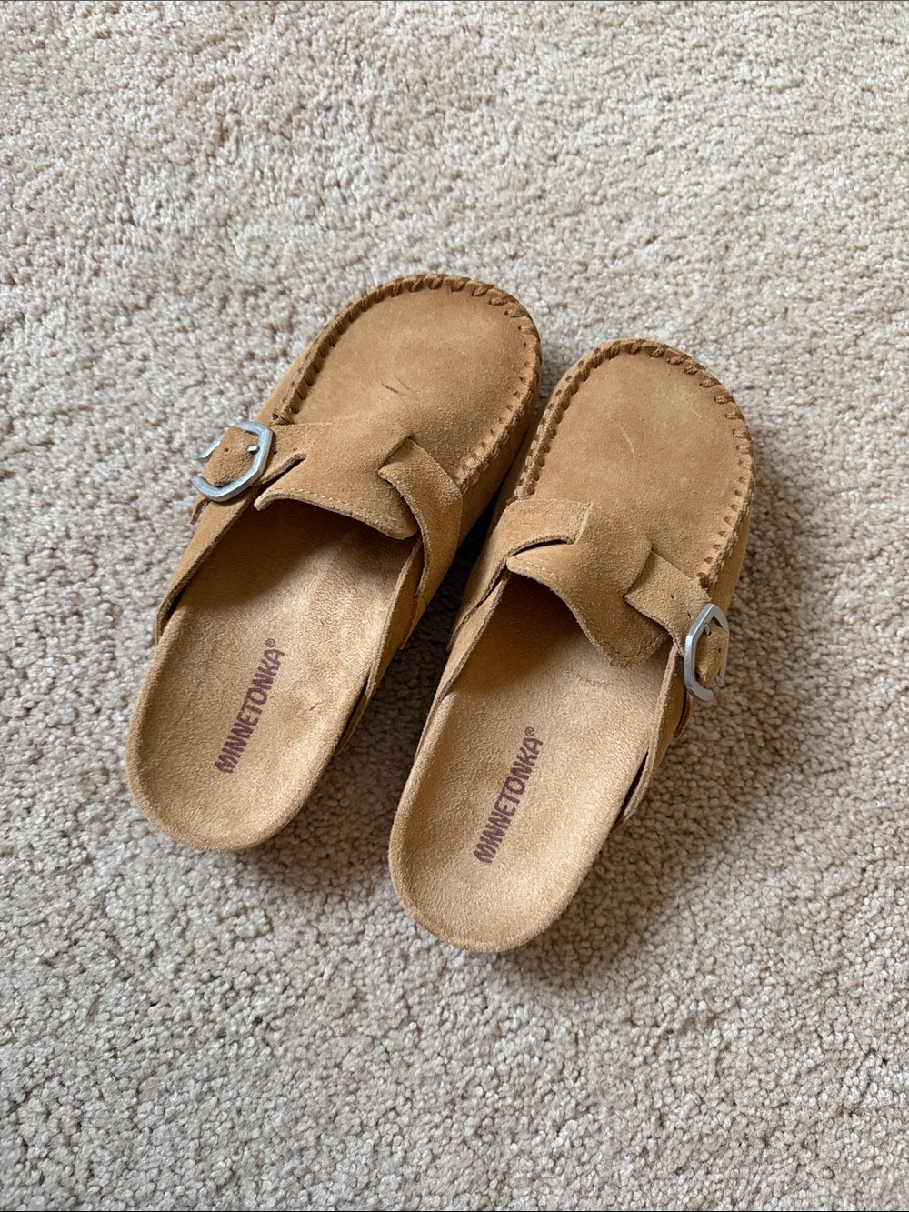 Minnetonka Tan Suede Slip-On Clog with Silver Buckle